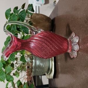 Vintage Rossi Hand Blown Cranberry Glass Optic Swirl Ruffled Edge Petal Foot.